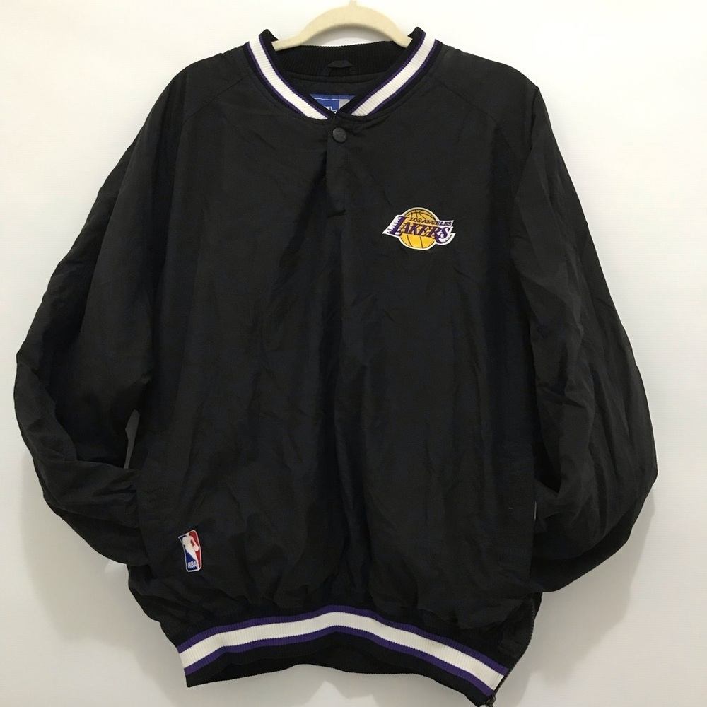 STARTER Los Angeles Lakers Black Pullover Bomber Jacket with Purple & White Trim - Picture 2 of 7